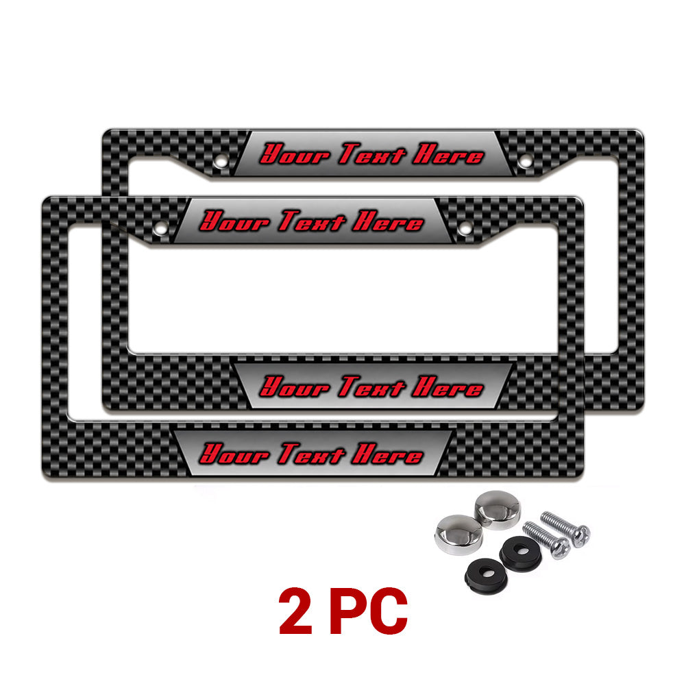 Personalized Carbon Fiber Racing license plate frames in a 2-piece pack with mounting hardware