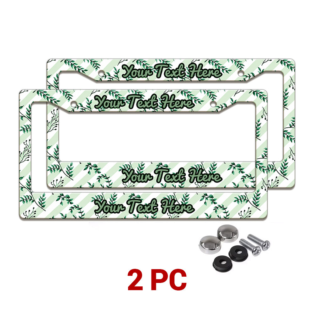 Personalized Green Botanical Leaves license plate frames in a 2-piece pack with mounting hardware