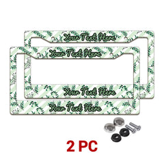 Personalized Green Botanical Leaves license plate frames in a 2-piece pack with mounting hardware