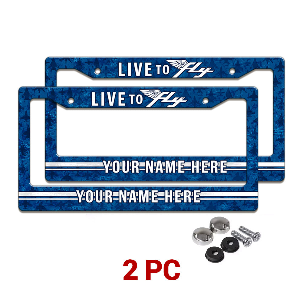 Personalized Live to Fly Aviation license plate frames in a 2-piece pack with mounting hardware