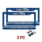 Personalized Live to Fly Aviation license plate frames in a 2-piece pack with mounting hardware
