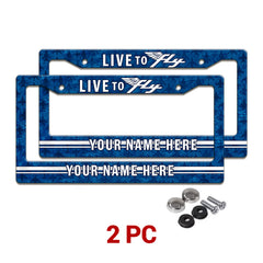 Personalized Live to Fly Aviation license plate frames in a 2-piece pack with mounting hardware