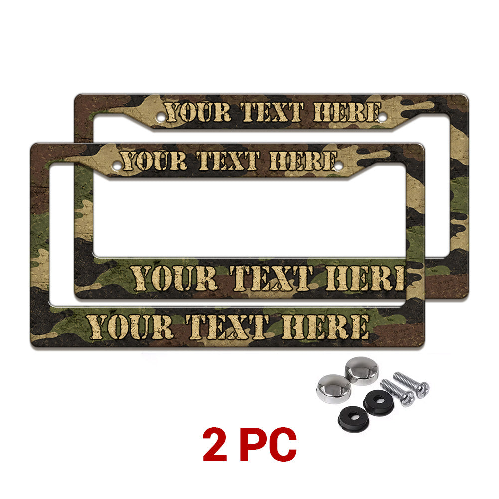 Personalized Woodland Camouflage license plate frames in a 2-piece pack with mounting hardware