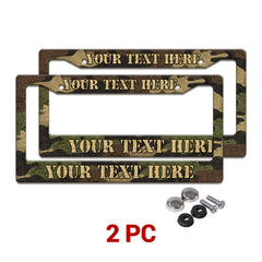 Personalized Woodland Camouflage license plate frames in a 2-piece pack with mounting hardware