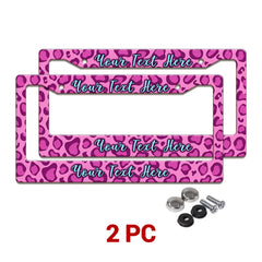 Personalized Pink Leopard Print license plate frames in a 2-piece pack with mounting hardware