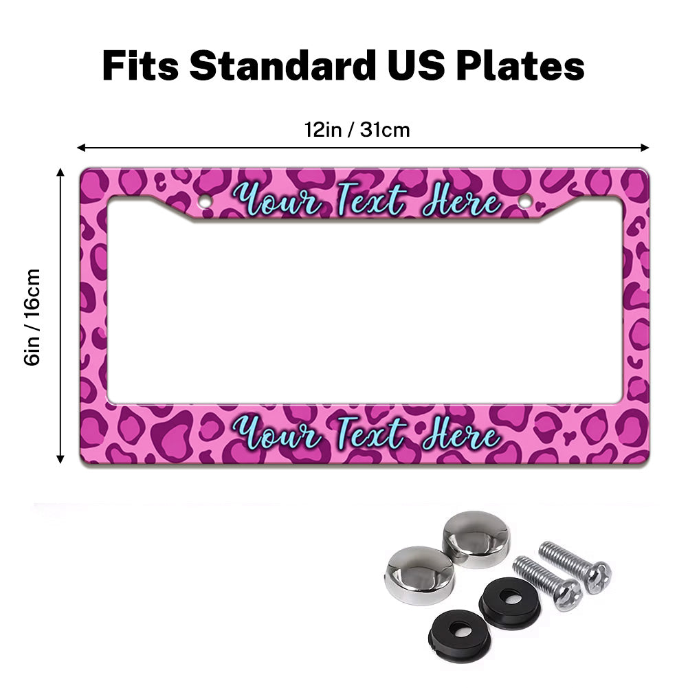Pink Leopard Print license plate frame size guide for a standard 12 by 6 inch U.S. plate