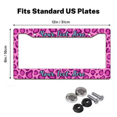 Pink Leopard Print license plate frame size guide for a standard 12 by 6 inch U.S. plate