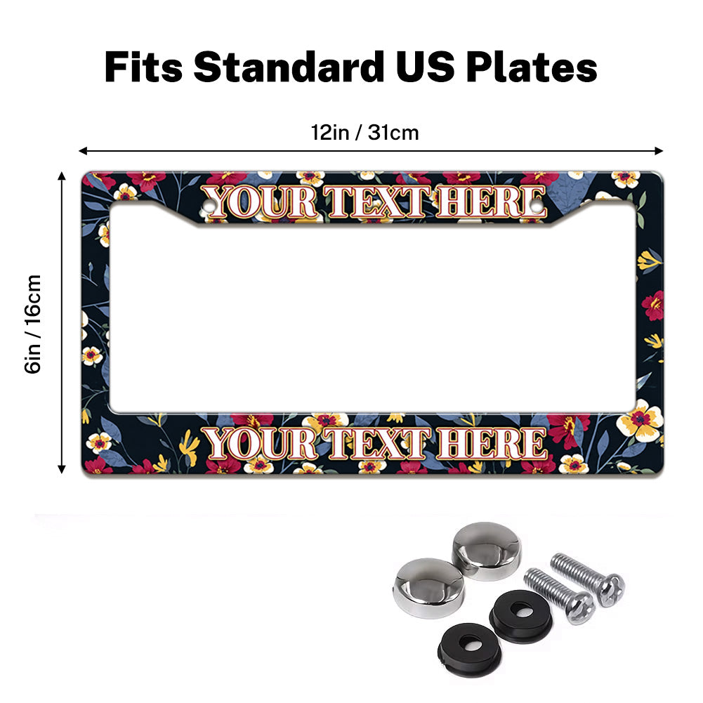 Dark Botanical Flowers license plate frame size guide for a standard 12 by 6 inch U.S. plate