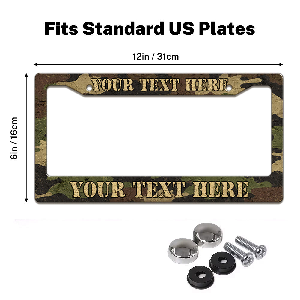 Woodland Camouflage license plate frame size guide for a standard 12 by 6 inch U.S. plate