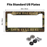 Woodland Camouflage license plate frame size guide for a standard 12 by 6 inch U.S. plate