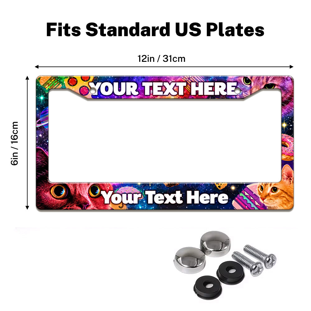 Space Cats and Food license plate frame size guide for a standard 12 by 6 inch U.S. plate
