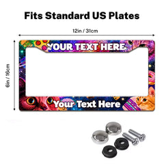 Space Cats and Food license plate frame size guide for a standard 12 by 6 inch U.S. plate