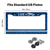 Live to Fly Aviation license plate frame size guide for a standard 12 by 6 inch U.S. plate
