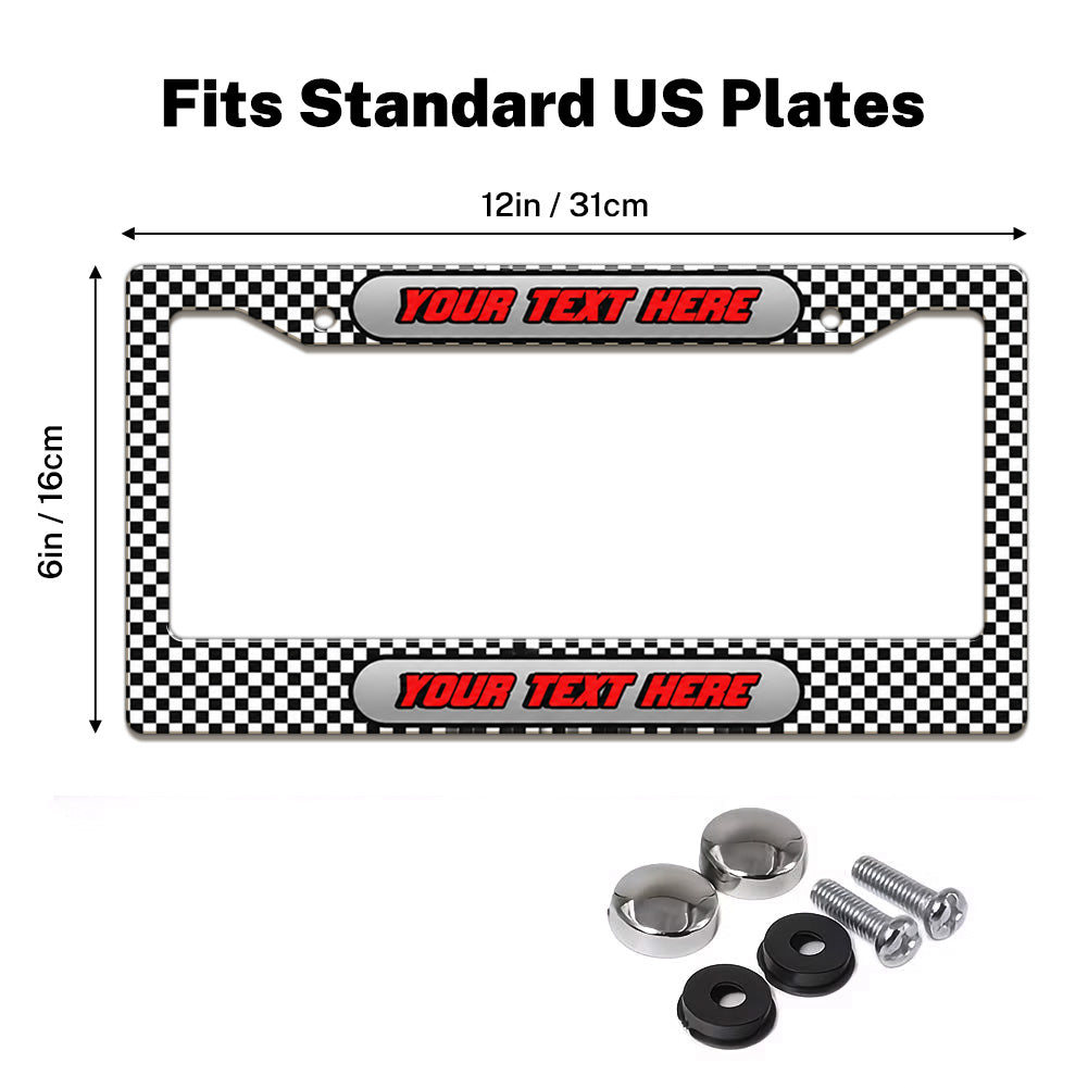Black and White Checkered Racing license plate frame size guide for a standard 12 by 6 inch U.S. plate