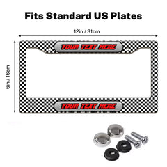 Black and White Checkered Racing license plate frame size guide for a standard 12 by 6 inch U.S. plate
