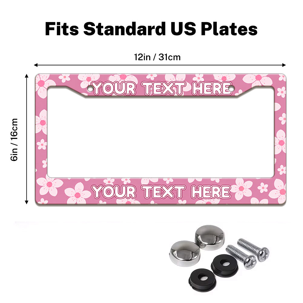 Pink Cherry Blossom license plate frame size guide for a standard 12 by 6 inch U.S. plate
