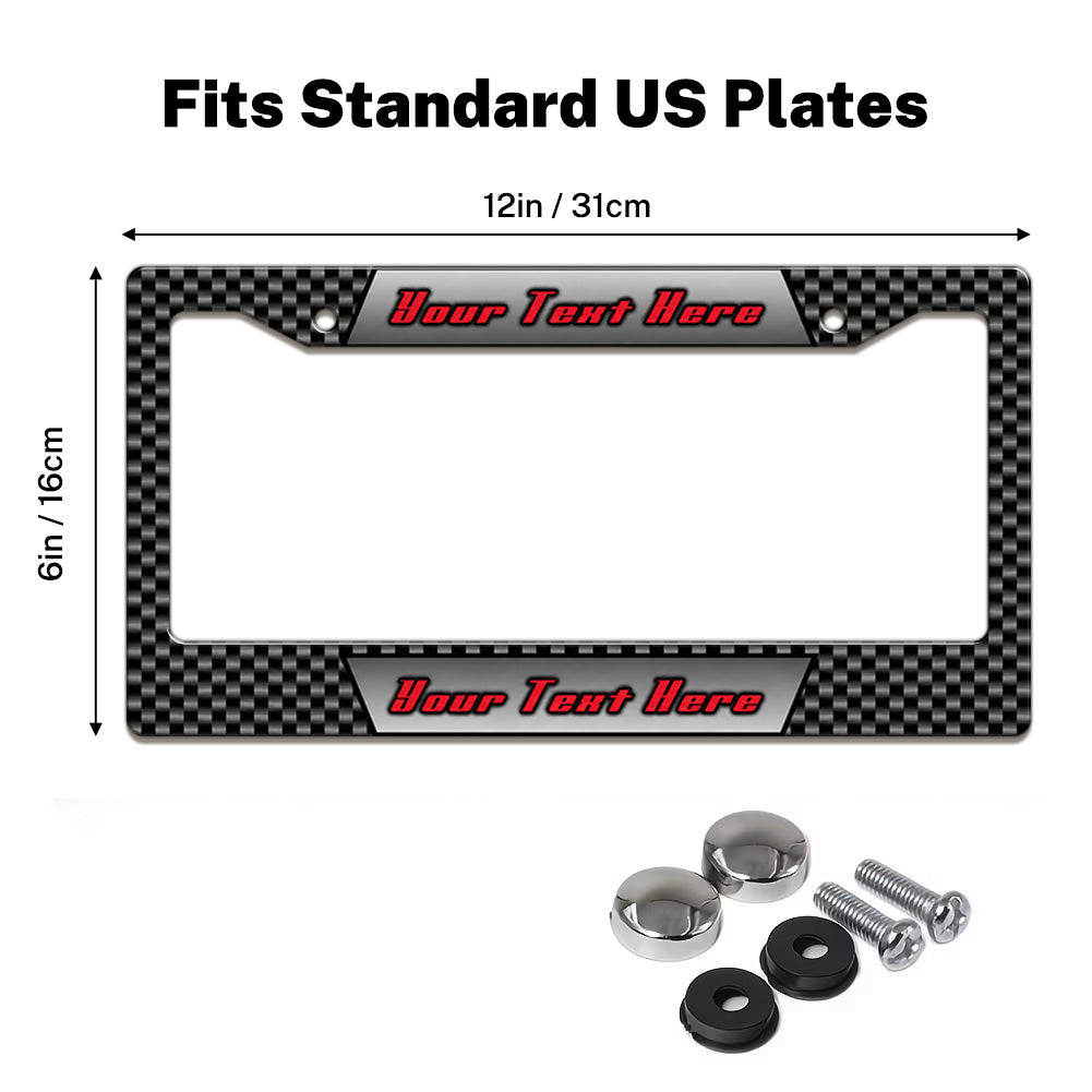 Carbon Fiber Racing license plate frame size guide for a standard 12 by 6 inch U.S. plate
