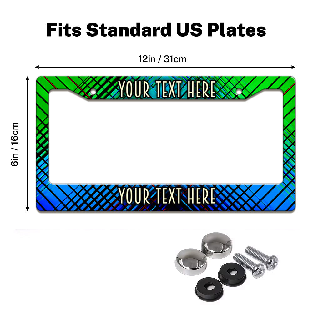 Green and Blue Plaid license plate frame size guide for a standard 12 by 6 inch U.S. plate