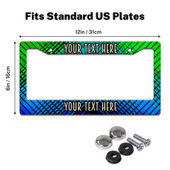Green and Blue Plaid license plate frame size guide for a standard 12 by 6 inch U.S. plate