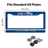 Live to Fly Aviation license plate frame size guide for a standard 12 by 6 inch U.S. plate