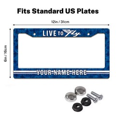 Live to Fly Aviation license plate frame size guide for a standard 12 by 6 inch U.S. plate