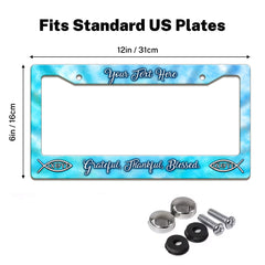 Christian Grateful Thankful Blessed license plate frame size guide for a standard 12 by 6 inch U.S. plate