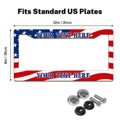 American Flag license plate frame size guide for a standard 12 by 6 inch U.S. plate