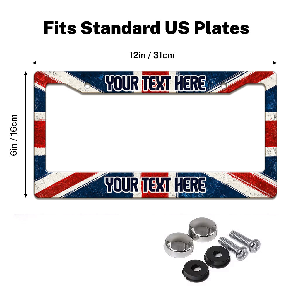 Union Jack license plate frame size guide for a standard 12 by 6 inch U.S. plate