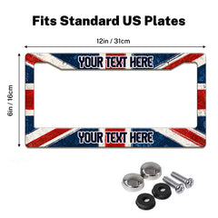 Union Jack license plate frame size guide for a standard 12 by 6 inch U.S. plate