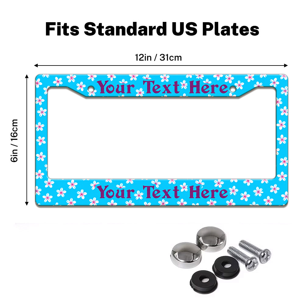 Turquoise Tropical Flowers license plate frame size guide for a standard 12 by 6 inch U.S. plate