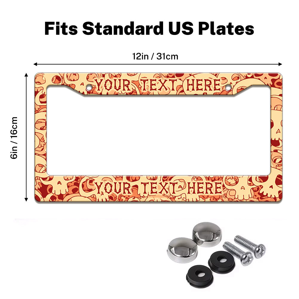 Skull Pattern license plate frame size guide for a standard 12 by 6 inch U.S. plate