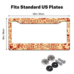 Skull Pattern license plate frame size guide for a standard 12 by 6 inch U.S. plate