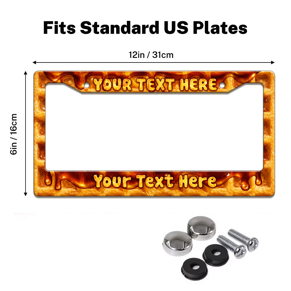 Melting Cheese and Pizza license plate frame size guide for a standard 12 by 6 inch U.S. plate