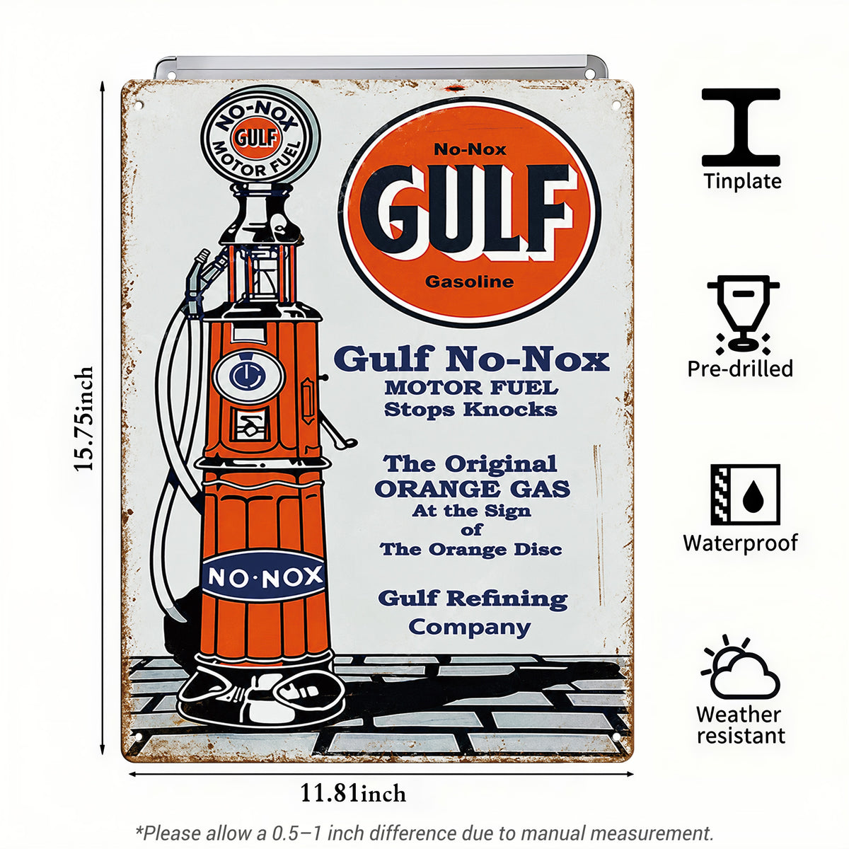Gulf No-Nox Gasoline Pump – Vintage Tin Sign
