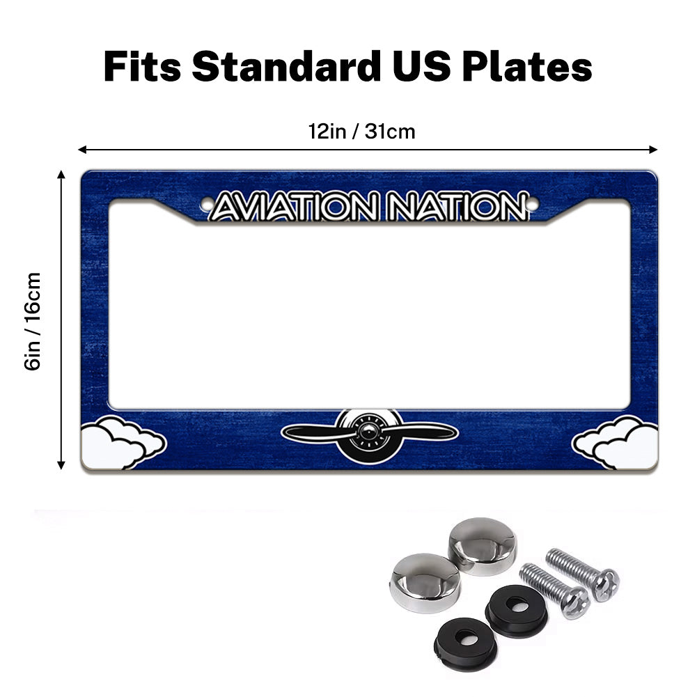 Aviation Nation Vintage Propeller license plate frame size guide for a standard 12 by 6 inch U.S. plate