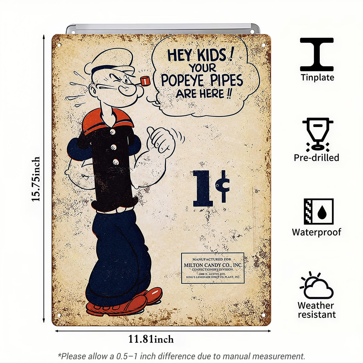 Popeye 1¢ Pipes Vintage Ad Tin Sign