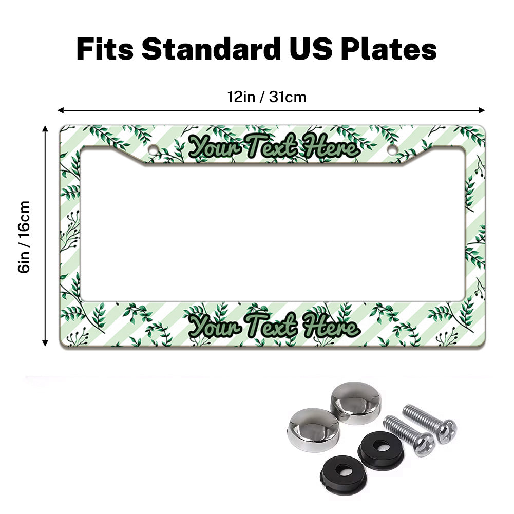 Green Botanical Leaves license plate frame size guide for a standard 12 by 6 inch U.S. plate
