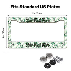 Green Botanical Leaves license plate frame size guide for a standard 12 by 6 inch U.S. plate