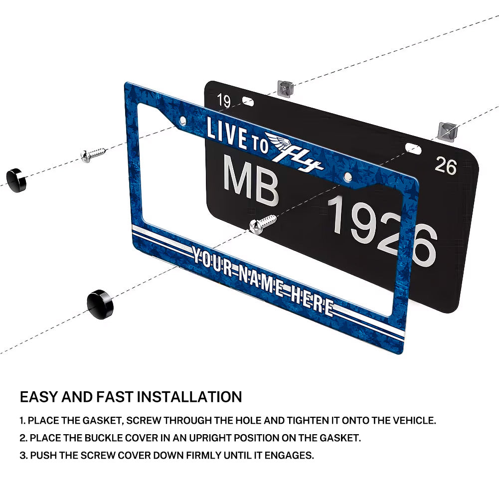 Installation diagram for a Live to Fly Aviation license plate frame