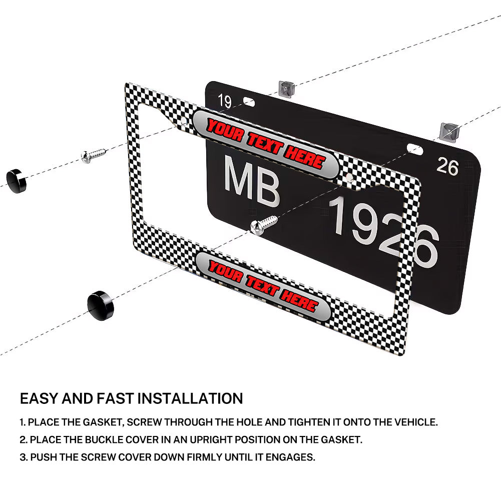 Installation diagram for a personalized Black and White Checkered Racing license plate frame