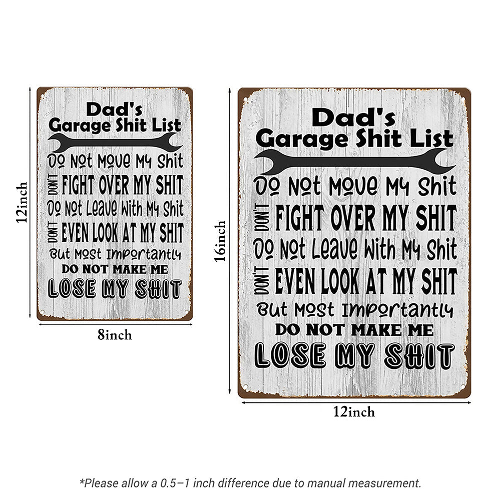 Dad’s Garage Shit List Metal Sign – Funny Garage Rules Wall Decor