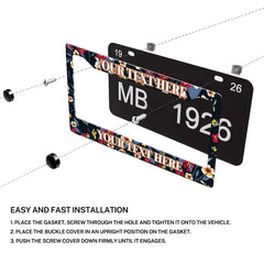 Installation diagram for a Dark Botanical Flowers license plate frame