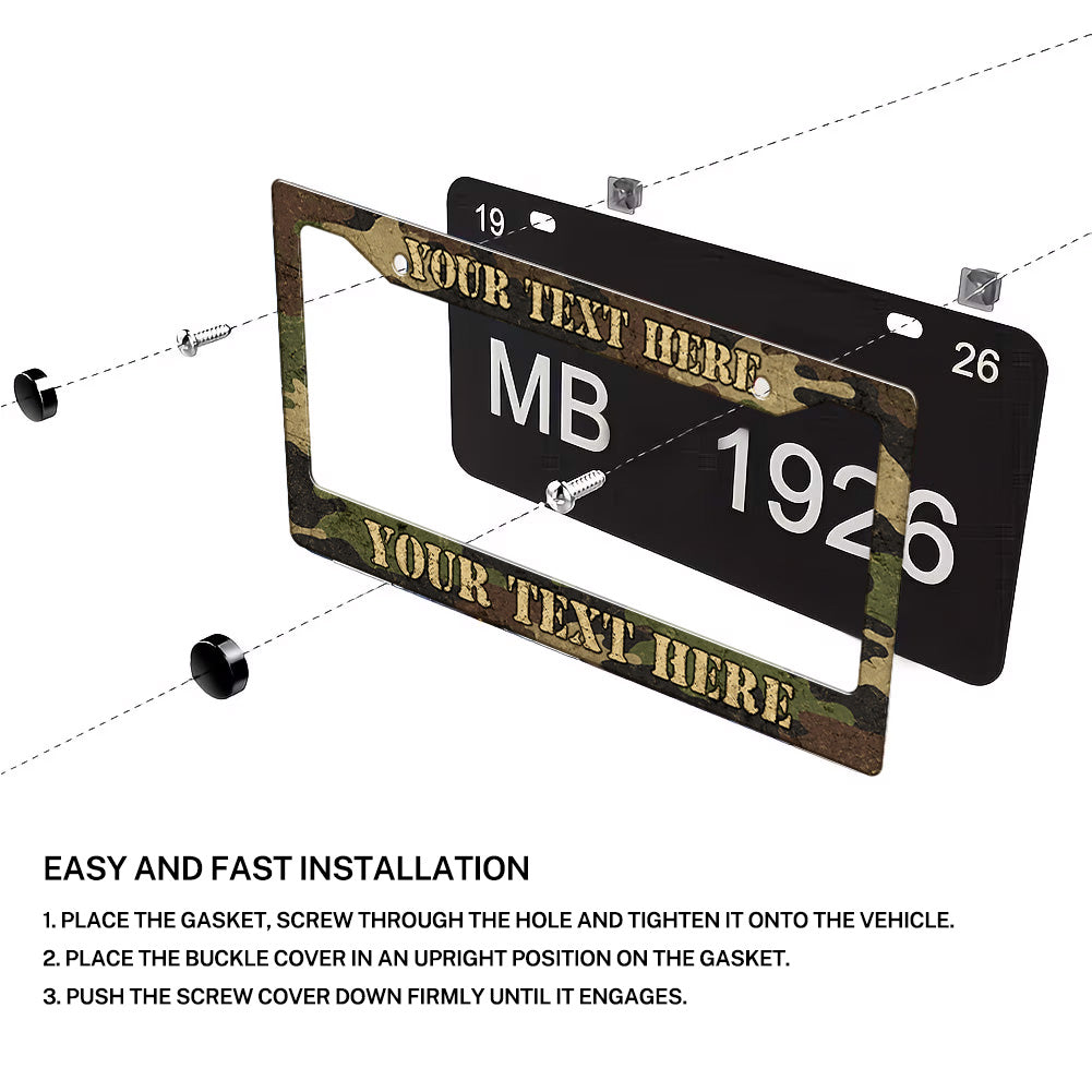Installation diagram for a Woodland Camouflage license plate frame