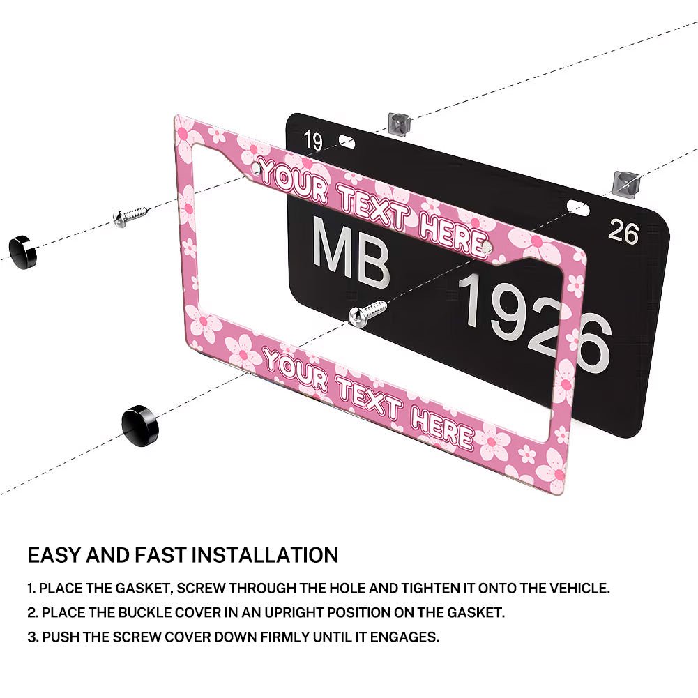 Installation diagram for a Pink Cherry Blossom license plate frame