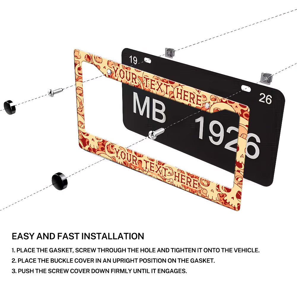 Installation diagram for a personalized Skull Pattern license plate frame