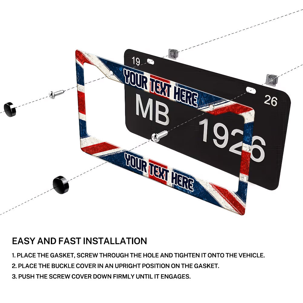 Installation diagram for a personalized Union Jack license plate frame