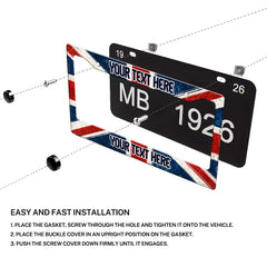 Installation diagram for a personalized Union Jack license plate frame