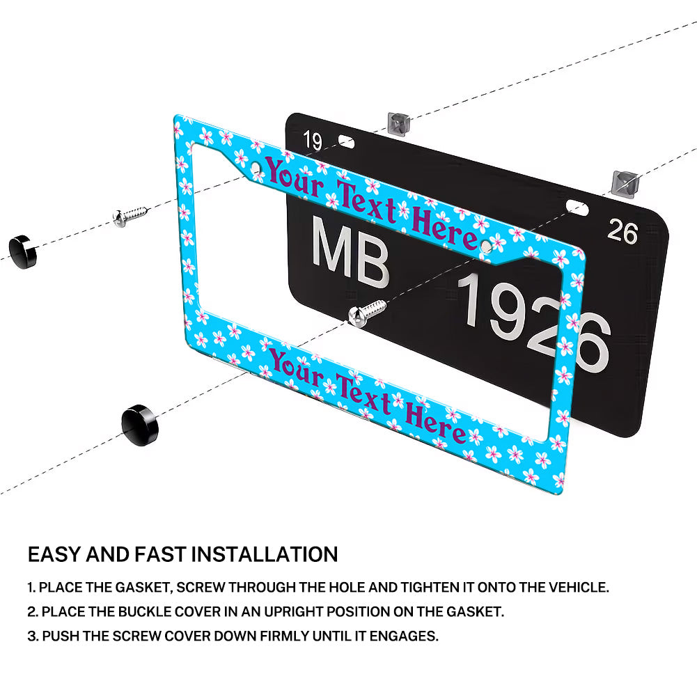 Installation diagram for a Turquoise Tropical Flowers license plate frame