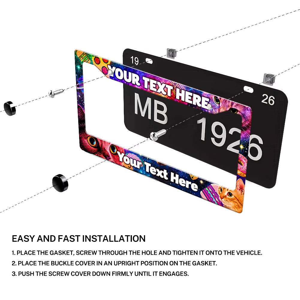 Installation diagram for a personalized Space Cats and Food license plate frame