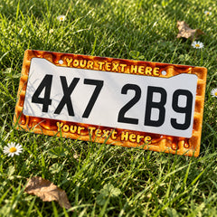 Personalized Melting Cheese and Pizza license plate frame displayed on a plate outdoors